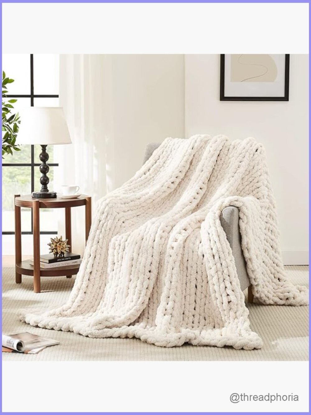 Chunky Knit Throw Blanket - Soft Chenille Yarn 50x60, Handmade Cable Knit, For